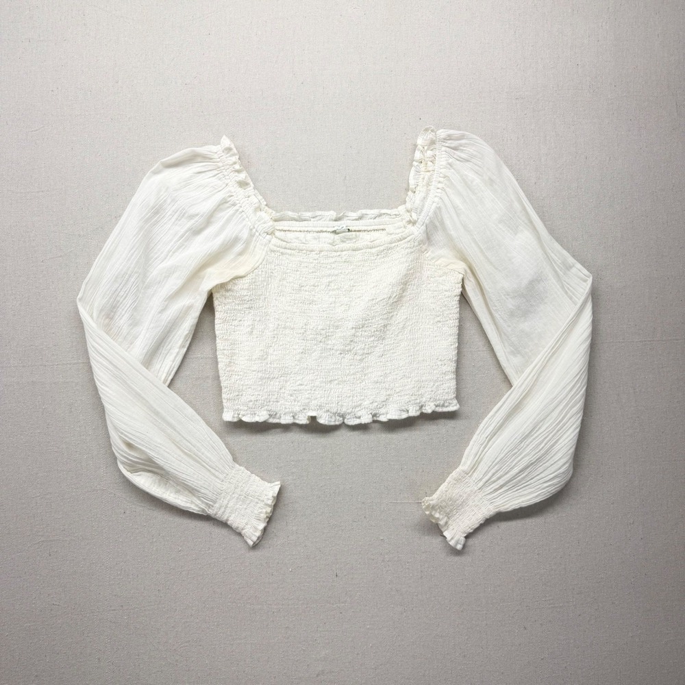 Aerie Smocked Long Sleeve Crop Top White Cotton Gauze Boho Ruffle Small Fairy S